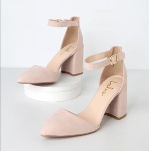 Lulus Ellarose light nude suede ankle strap heel